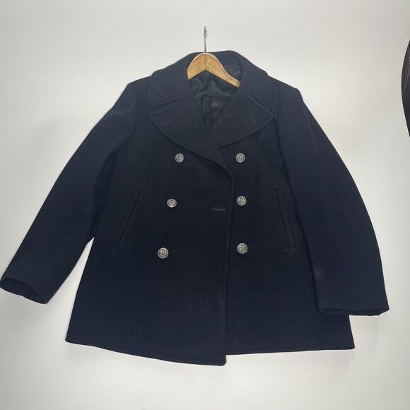 Vintage 1970s Navy Black Wool Peacoat Overcoat Pewter Buttons 38R - Picture 1 of 12